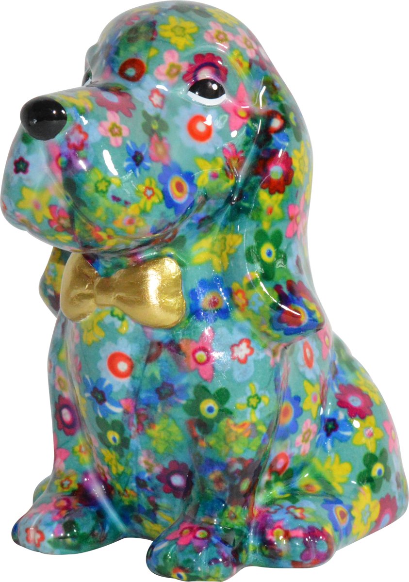 Basset George spaarpot | hond - blauw met bloemen | Pomme pidou